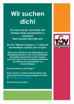 Der TSV 1848 Bad Saulgau e. V. bietet 2024 ein Freiwilliges Soziales Jahr an!